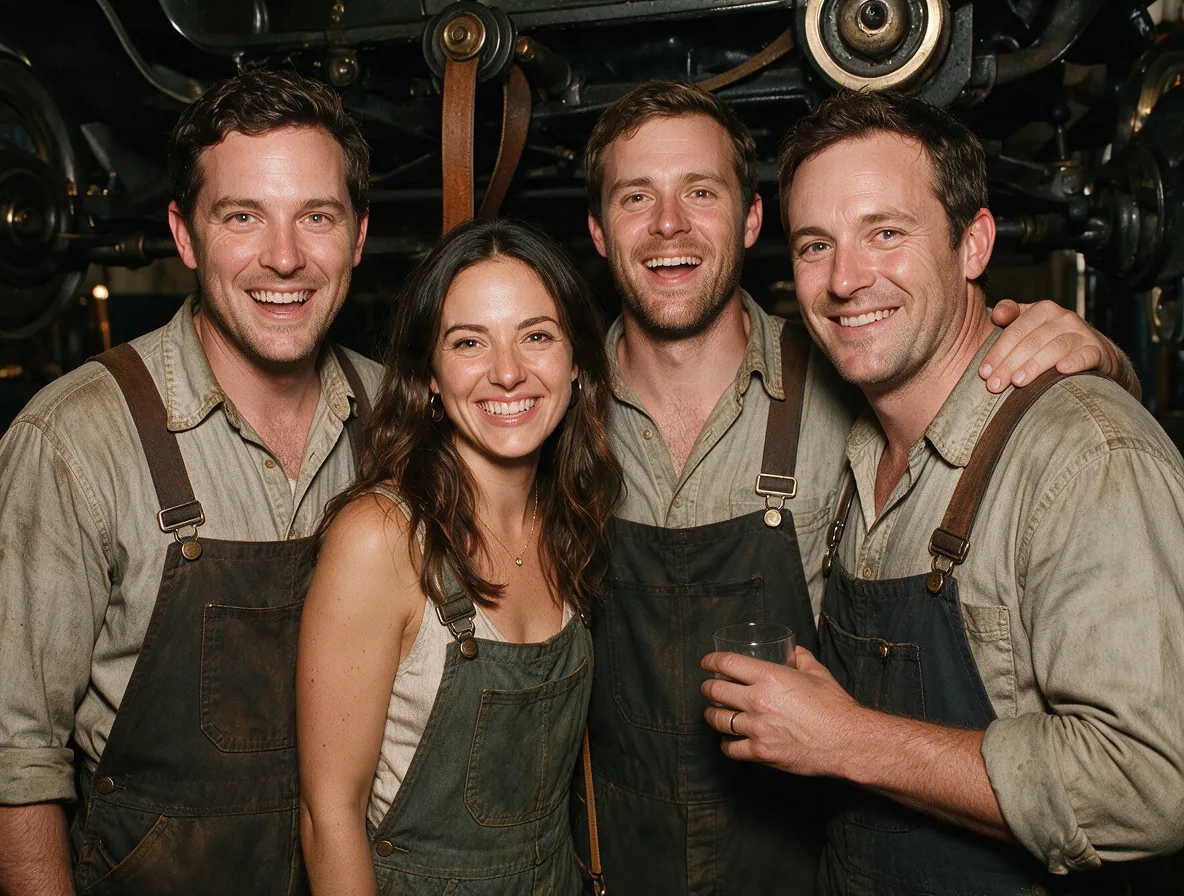Dieselben vier Gäste als Arbeiter einer Fabrik um 1920, per KI-Face-Swap (KI-Beispiel)